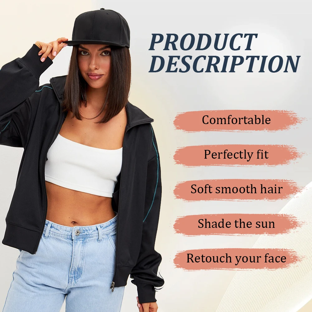 Baseball Cap with Synthetic Hair Extensions Heat Resistant 10 Inch Adjustable Short Straight Bob Wigs in Hat for Women Daily Use