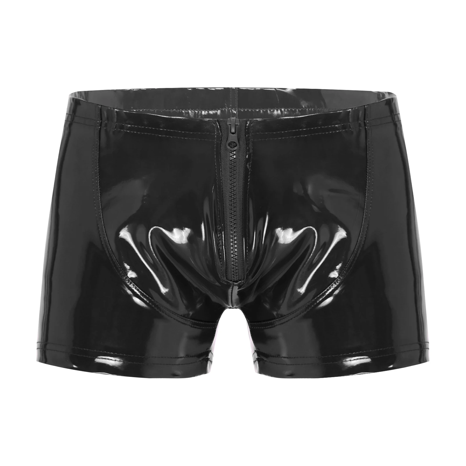 

Mens Wet Look Patent Leather Shorts Zipper Front Boxer Brief Underpants Nightclub Bar Stage Performance Erotic Costume