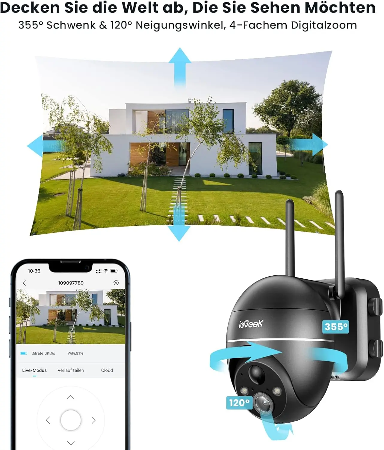 ieGeek 5MP Außenüberwachungskamera mit Akku, PTZ-Überwachungskamera für den Außenbereich, WLAN mit Solarpanel, PIR-Bewegungsmelder, 2,4 G