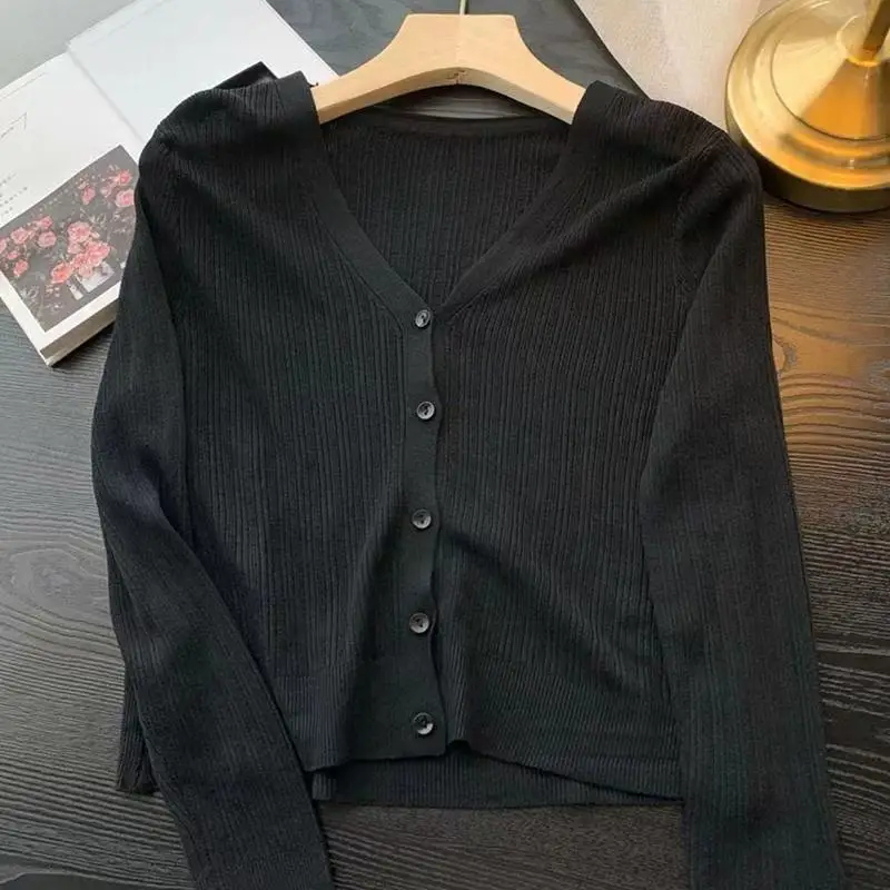 

Thin Knitted Cardigan Women Spring Summer Ice Silk Gentle Classical V-neck Solid Slim Sunproof Tops Simple Leisure Fashion New