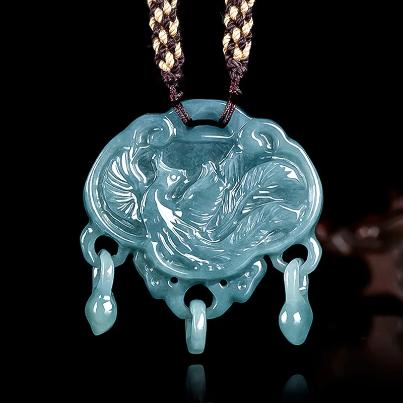 Natural A-grade Jade Blue Water Dragon Phoenix Auspicious Lock Pendant Glutinous Hollow Jadeite Charms Men's Women's Jewelry