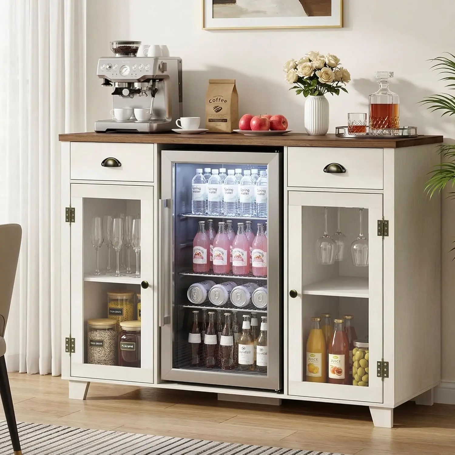 

52" Mini Fridge Cabinet Coffee Bar w/ Power Outlet & Goblet Holder Storage for Kitchen Dining Living Room, Customized