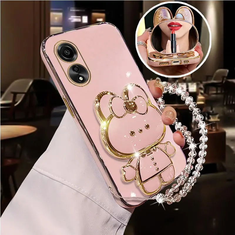 Diamond Strap Mirror Rabbit Phone Holder Case For Oppo A31 A32 A35 A36 A38 A58 A58X A57 A55 A54 A52 4G 5G 2020 2022 Stand Cover