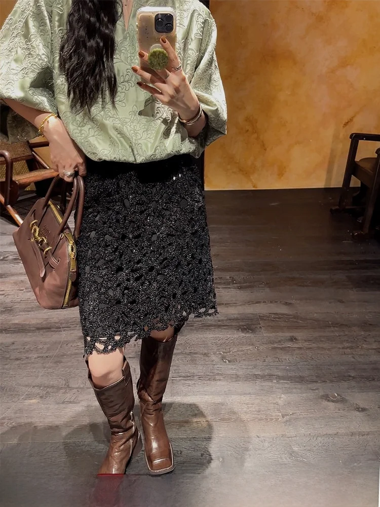 

anji Bla Flower Women's Faionable Glitter Hollow out Autumn Winter Skirt Korean Sle Commute mid Waist A-Line Skirt