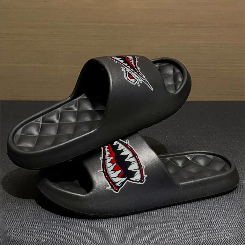 Cartoon Shark Print Comfortable Thick-Soled Eva Slippers for Men and Women, Suitable for Home and Outdoor Daily Use, Versatile and Fashionable Slippers (Order One Size Larger for More Comfort)