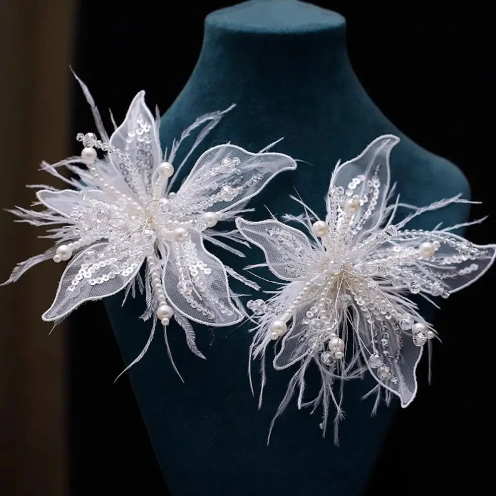 Vintage Feather Pearl 3D Organza Flower Patch Crystal Flower Twisted Wire DIY Sewing Decals Hand-made Applique Decorative