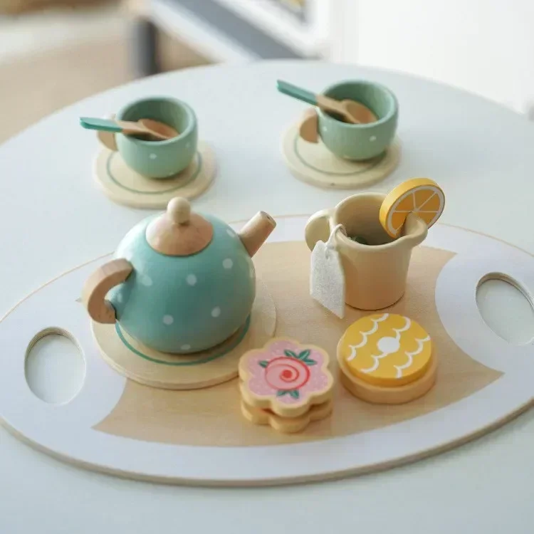 High Quality Wooden Simulate Furniture tea set Dessert Afternoon Tea cookie Play house Interactive Toys baby girl Christmas gift