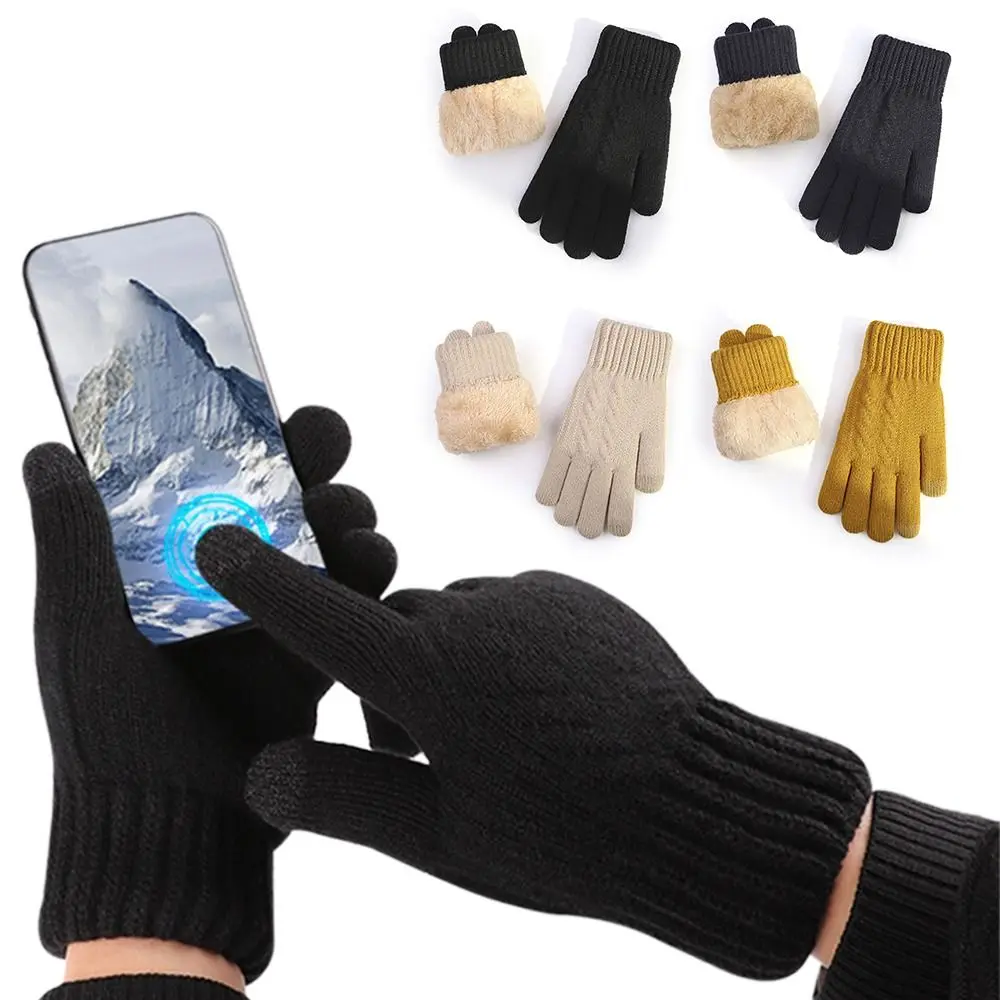 Double Layer Thickened Knitted Gloves Outdoor Warm Hands Winter Mittens Twists Pattern Soft Stretch Gloves Man Women