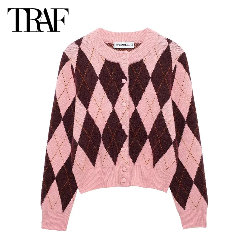 TRAF Short Elegant Cardigan 2025 Women's Spring Knitted Long Sleeve Cropped Coat Fashion Casual Loose Argyle Knitwear Outerwears