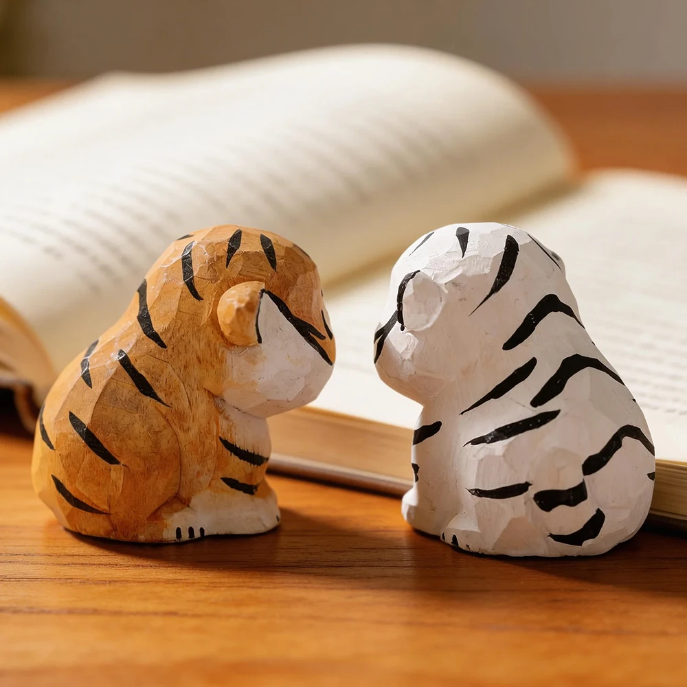 Cute Handmade Decorative Wooden Tiger Figurine Mini Animal Ornament Statue Carving Home Room Desktop Accessories Decor Gift view 4