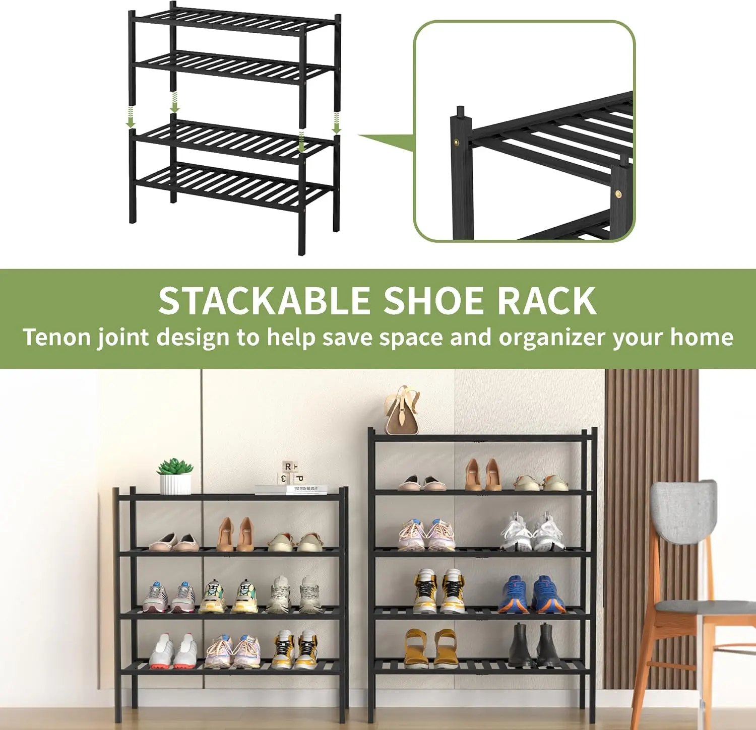 6-Tier Bamboo Shoe Rack Organizer Foldable Stackable Storage Shelf Entryway Hallway Closet Black Large