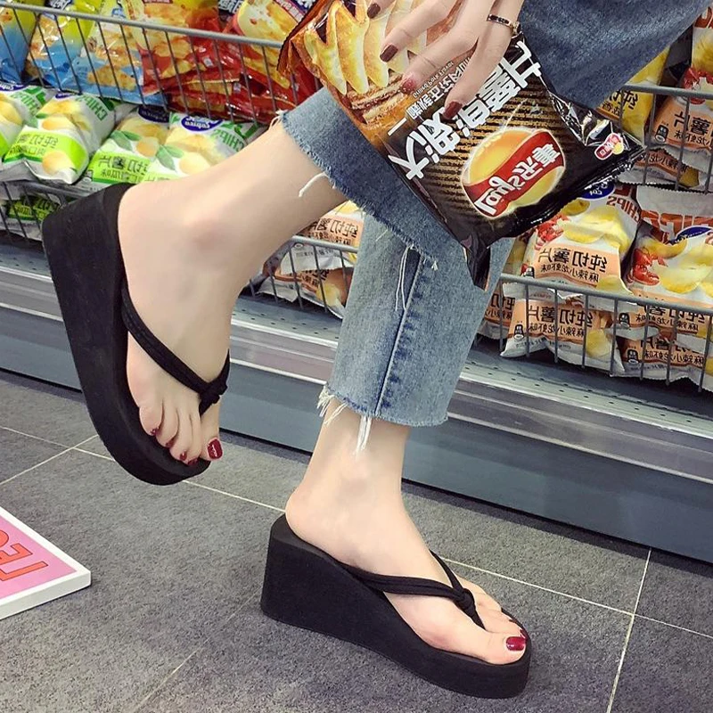 Flip-flops For Women Summer Fashion Casual Outer Wear High-heeled Flip-flops Ins Trendy Non-slip Slope Heel Seaside Beach Sandal