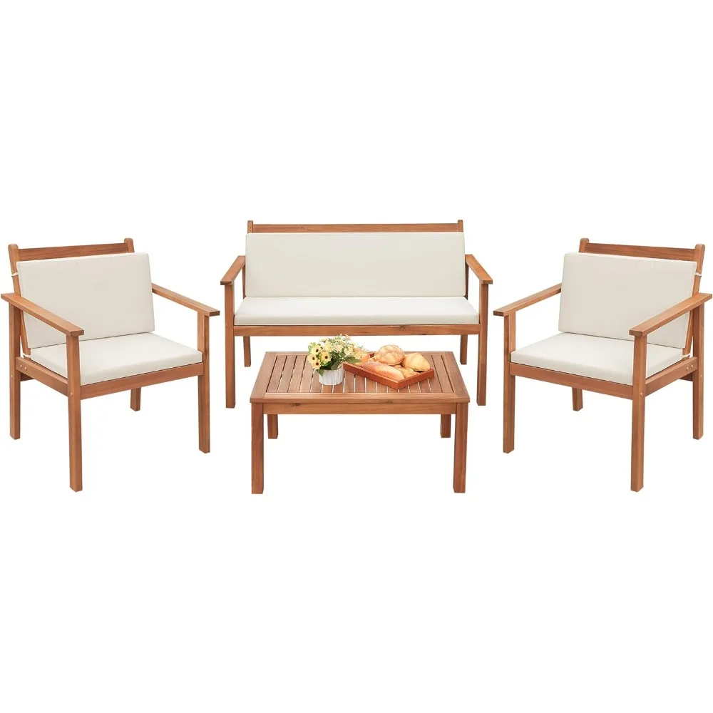 비스트로 파티오 가구, 야외 채팅 의자 세트, 방수 쿠션 및 커피 테이블, 해변 뒤뜰 정원용, 4 피스