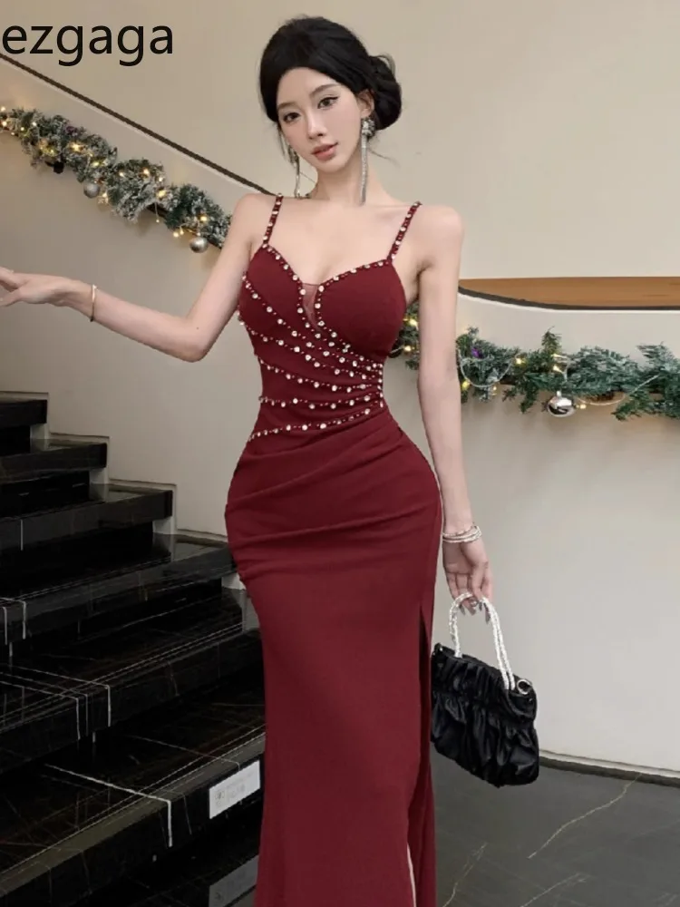 

Ezgaga Dresses Women Sleeveless Sexy Split Slim Slash Neck Backless Rhinestone Elegant Temperament Party Dress Female Fashion