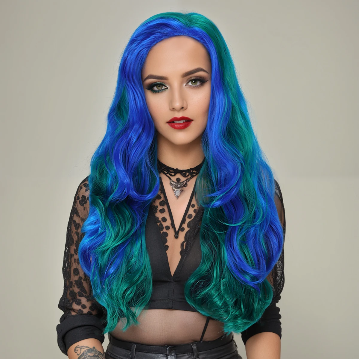 

Female wig in blue-green, dyed with large waves, long curly hair, full head set, wig Synthetic fiber wig