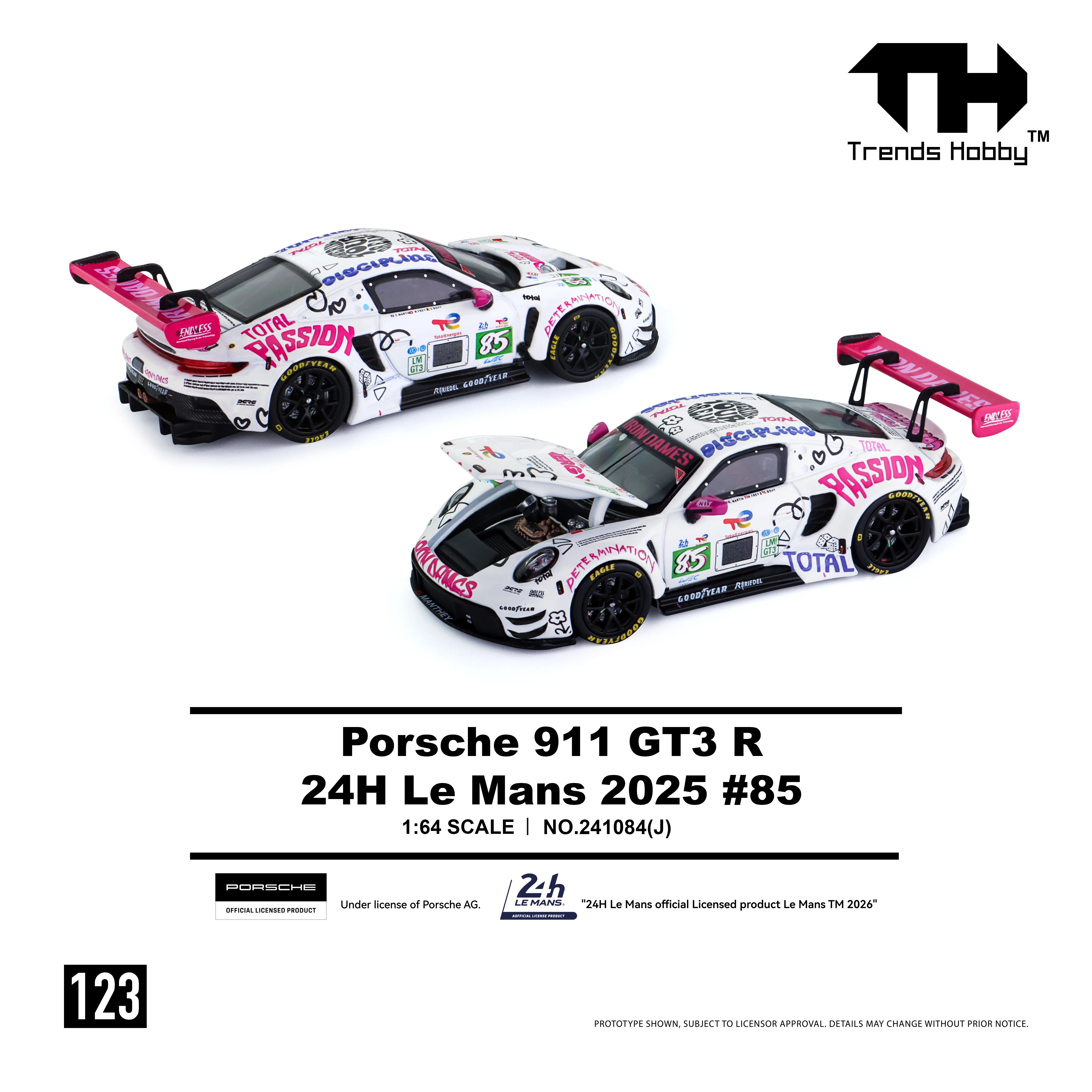 Trends Hobby 1/64 Porsche 911 GT3 R 2025 LeMans 24H LMGT3 Rennwagen Miniaturmodell Spielzeugauto mit Freilaufenden Rädern, Druckguss-Sammlerstück Geschenk