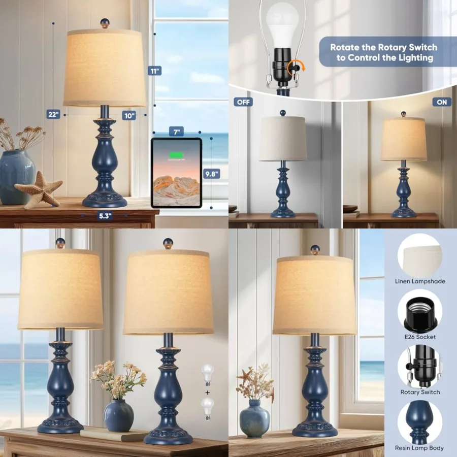 

Farmhouse Table Lamp Set of 2, Rustic Table Lamps for Living Room, Vintage Nightstand Lamp with Rotary Switch, Beside Lamps for