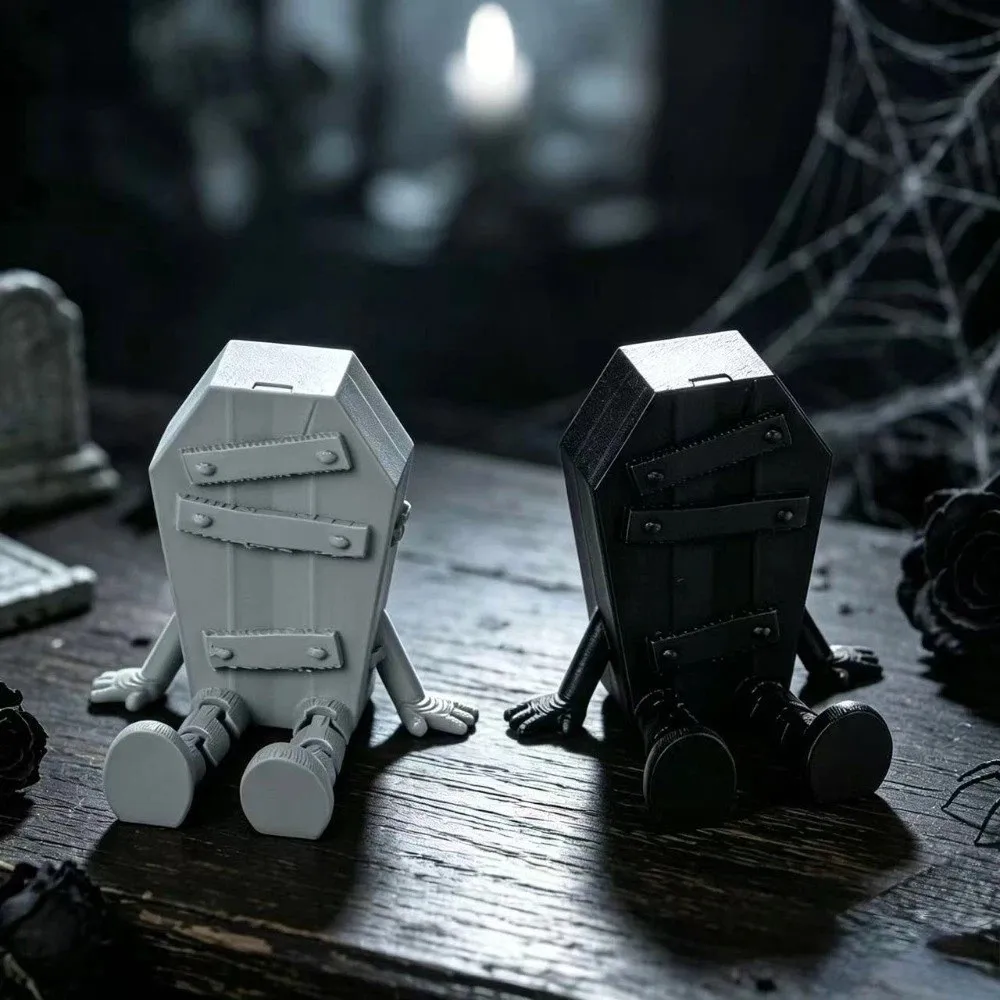 Creative 3D Printed Coffin Figurine Novelty Unique Halloween Figure Ornament Gothic Simulation Movable Joint Figurine Home Decor