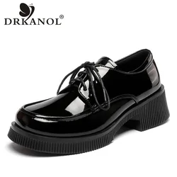 DRKANOL Fashion British Style Women Pumps Spring Autumn Patent Leather Thick Heel Shoes Women Trend All-match Casual Shoes Black