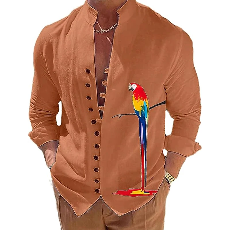 Men Fashion Shirts Parrot 3D Printed Shirt Male Casual Long Sleeve Standing Collar Tops Spring And Autumn Daily Outdoor Camisas