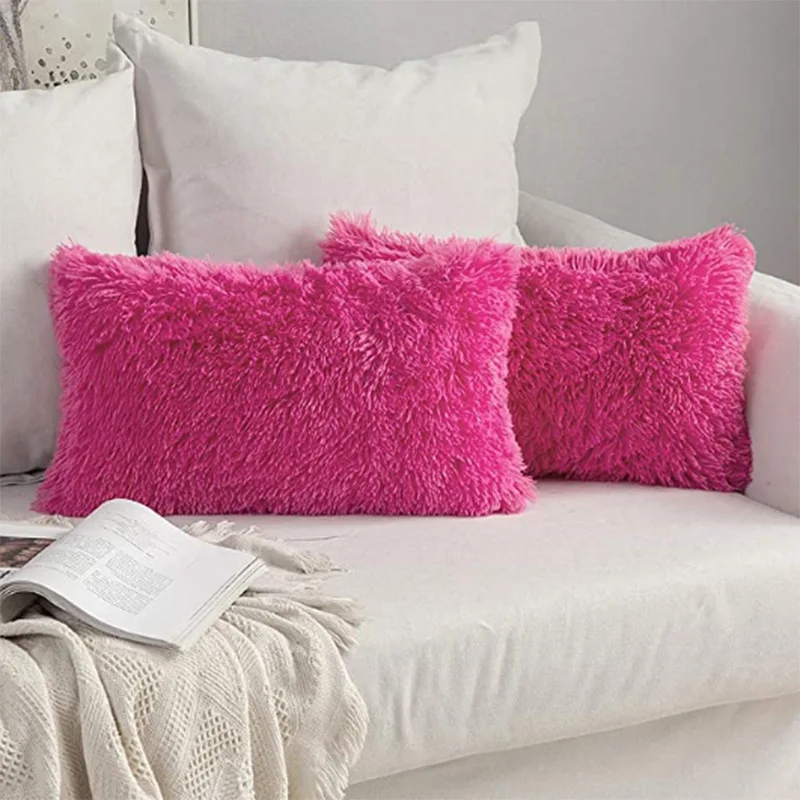 Nordic Style Rectangle Shaggy Fluffy Throw Pillow Cover Tie Dye Rainbow Velvet Faux Fur Cushion Case Sofa Home Decor