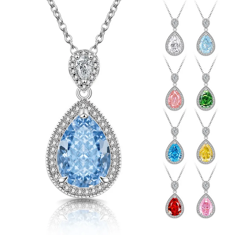 

Ice Flower Cut Water Drop Zircon 925 Sterling Silver Gem Tears Pendant Necklace Ladies Banquet Birthday Gift