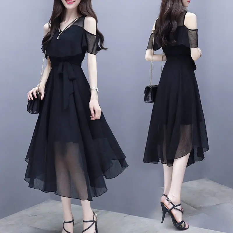 2025 Female Elegant Fashion V-neck Zipper Off Shoulder Short Sleeve A-LINE Dress Summer Black Solid Color Chiffon  Ladies Dress