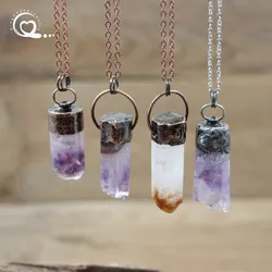 Amethyst Druzy Geode Tube Pendant Antique Copper Necklace Soldered Bronze Hoop Raw Citrine Drusy Cylinder Vintage Jewelry QC3384