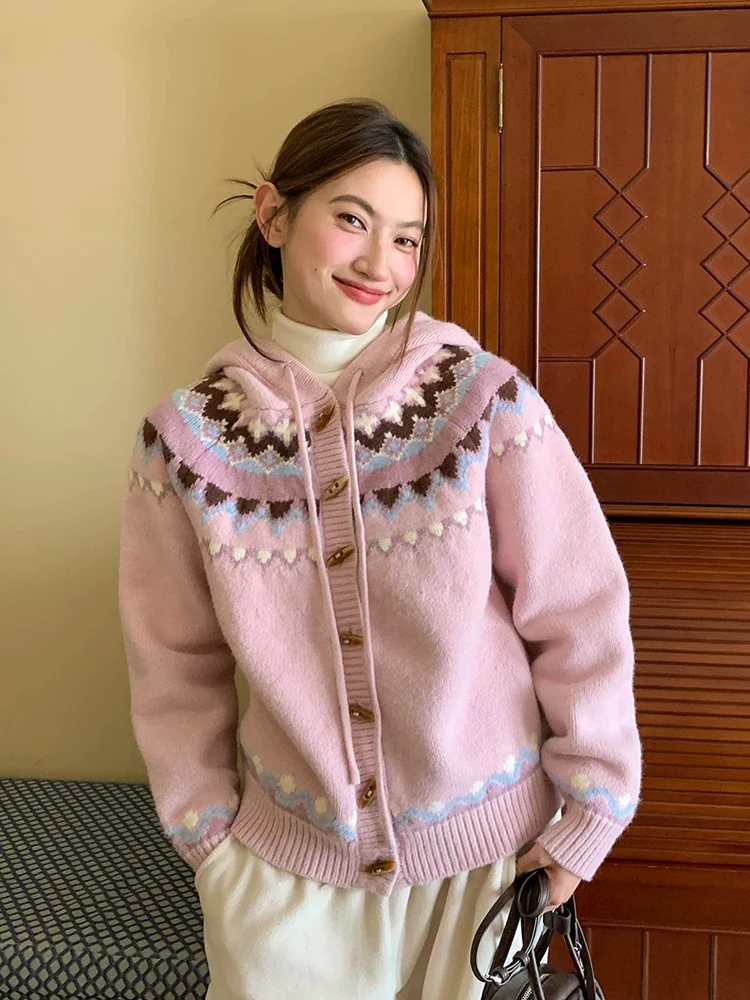 Women Vintage Print Cardigan Sweet Loose Preppy Style Hooded Knitted Sweaters Fall Winter Female Lazy Wind Long Sleeve Coats Top