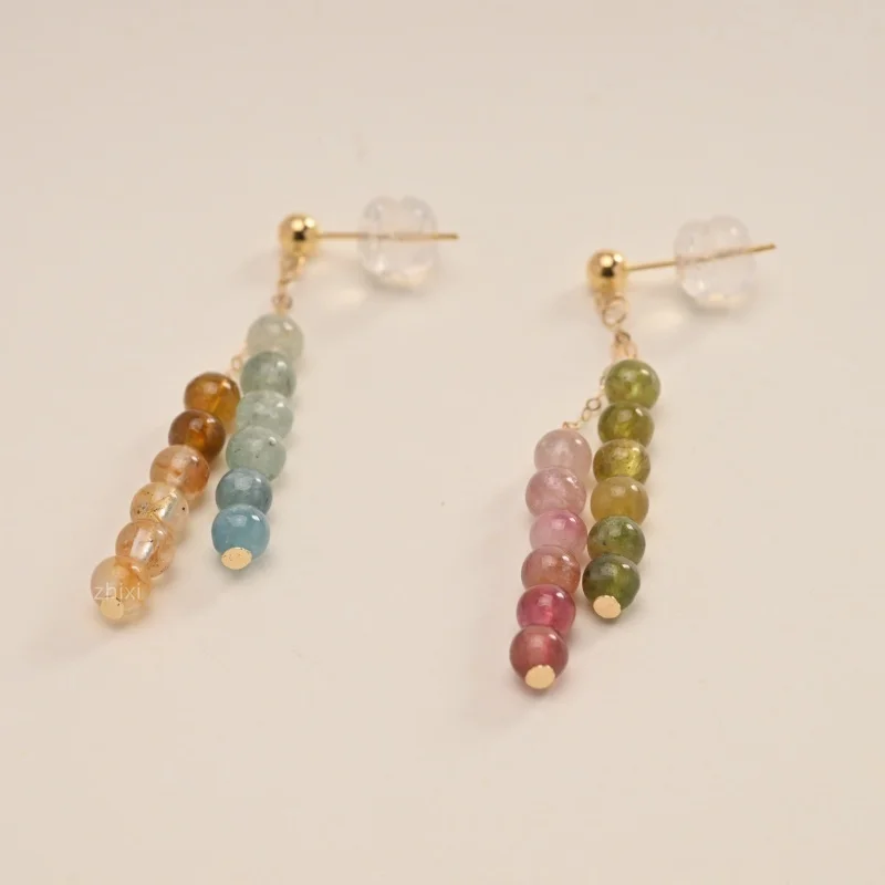 

18K yellow Gold drop Earrings Fine Jewelry au750 natural tourmaline round Original Colorful Design fashion gift for women E1013