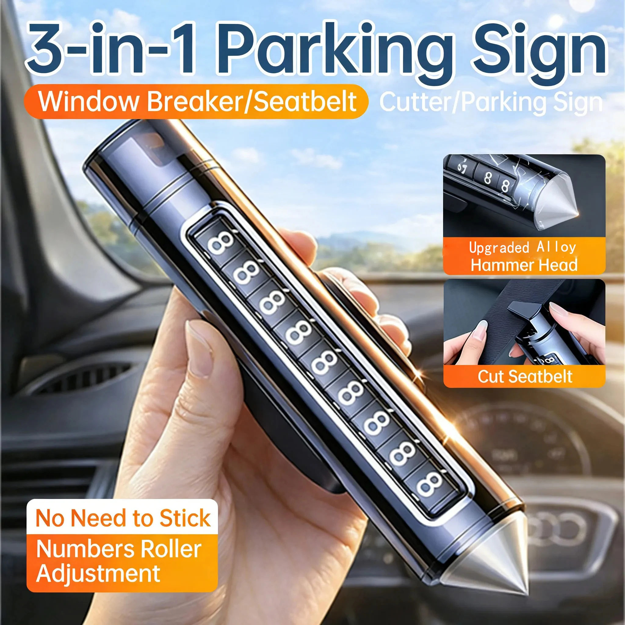 3 in 1 Alloy Car Temporary Parking Card Auto Safety Hammer with Seat Belt Cutter Card Rotate Phone Number Plate