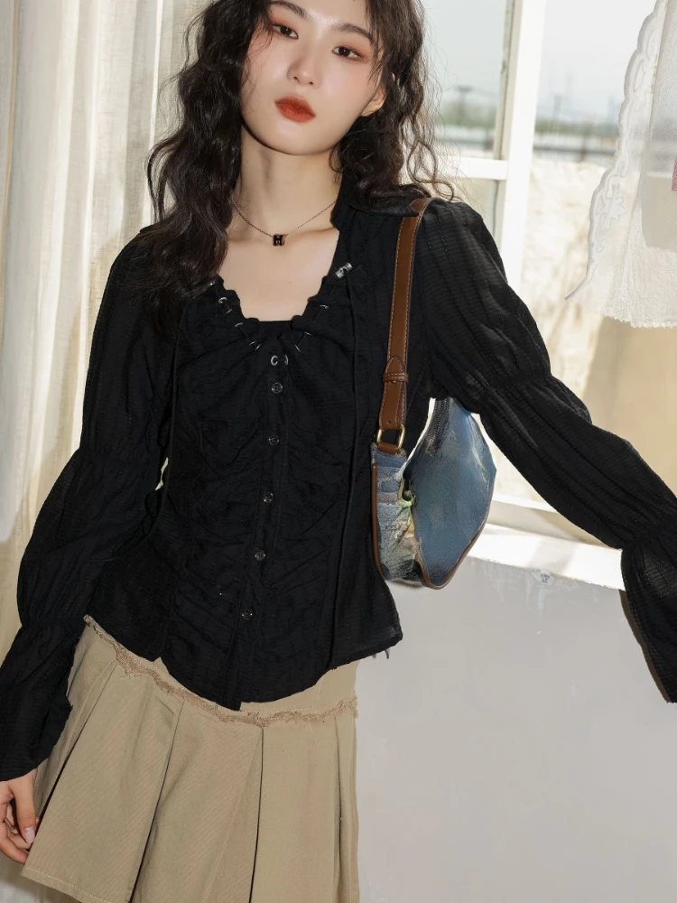 Y2k Aesthetic Pleated Black Women Blouse Flare Sleeve Slim Grunge Waist Tunic Fairy Blusas Solid Drawstring Streetwear Shirts