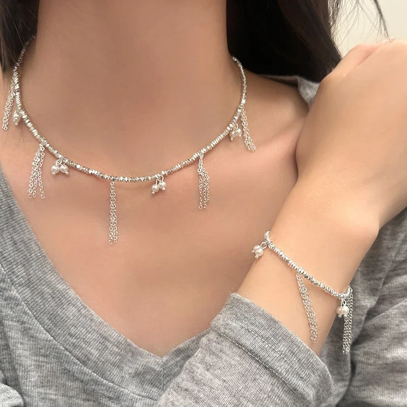 

Real 925 Sterling Silver Pearl Bead Chain Tassel Charm Bracelet for Women Trendy Geometric Fine Jewelry Minimalist Accessory