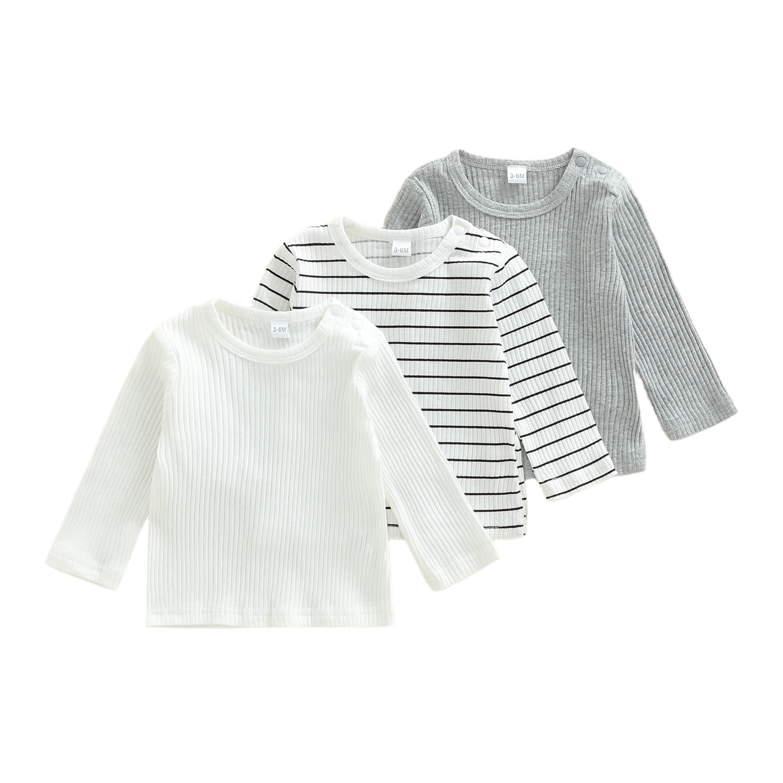 

3Pcs Infant Baby Girl Boy Tops Fall Crew Neck Long Sleeve Solid Color/Striped Ribbed Base Layer Shirts
