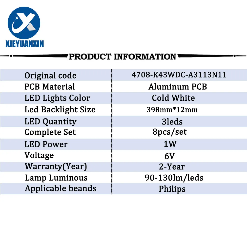 LED TVバックライトストリップ,フィリップス対応の,398mm,43インチ,43pf4002,43dl4012n,43hff5952,l43e6800,k430wdk3,k430wdc1,A14708-K43WDC-A3113N11