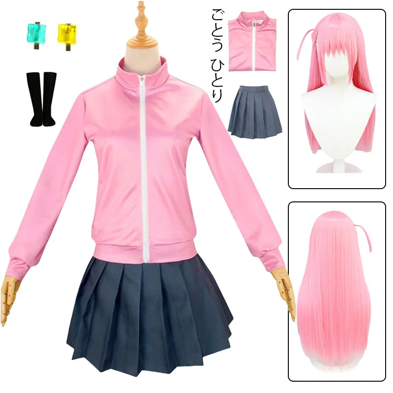 Anime Bocchi The Rock Gotou Hitori Cosplay Costume JK Uniform Pink Jacket Skirt Wig Suits Halloween Costumes for Women Girls