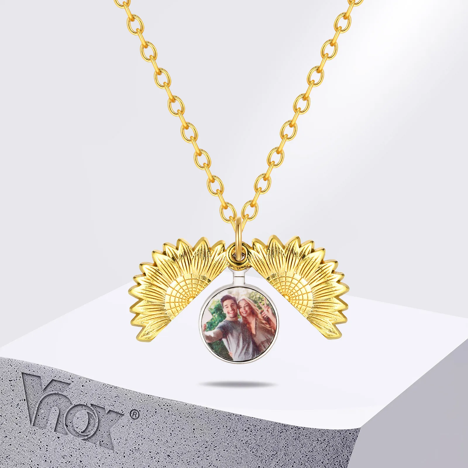 

Vnox Free Personalized Photo Locket Necklaces for Women Men, You Are My Sunshine Engraved Necklace Inspirational Sunflower Gift