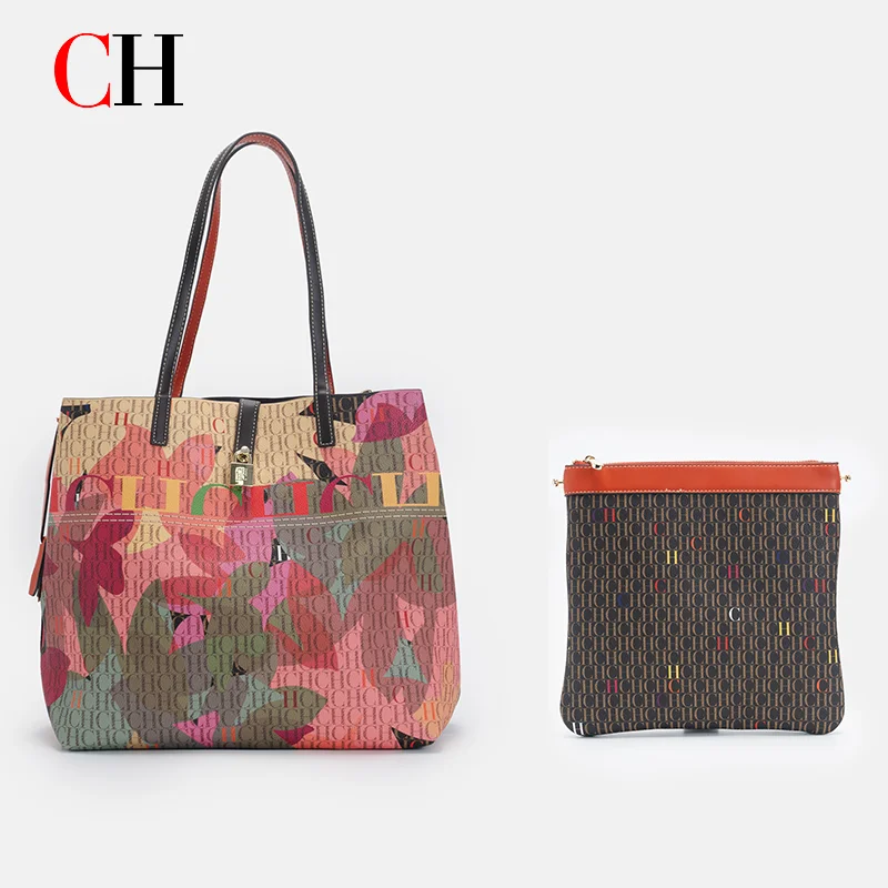 

CH New Women Floral Print 2 In 1 Tote Bag Luxury Monogram Shoulder Bag With Detachable Pouch For Daily Use