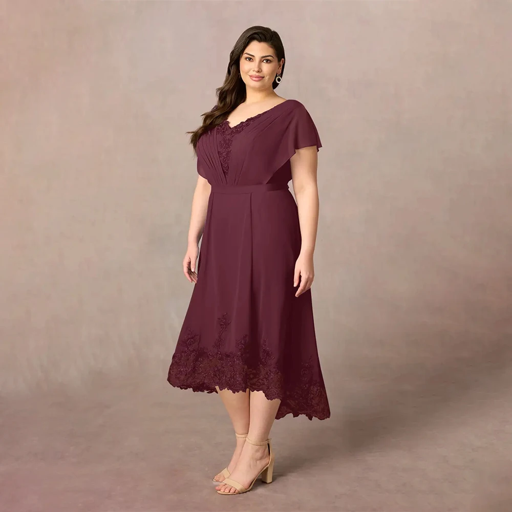 

Mother Of Bride Dresses Wedding 2025 V Neck Short Sleeve A Line Mother Dress Applique Pleated Formal Mother Of The Bride Dress