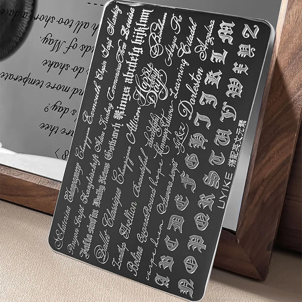 Nail Art Stamping Plate with Gothic Cursive Letters Retro English Text Transfer Template Stainless Steel Manicure Stencil Lace