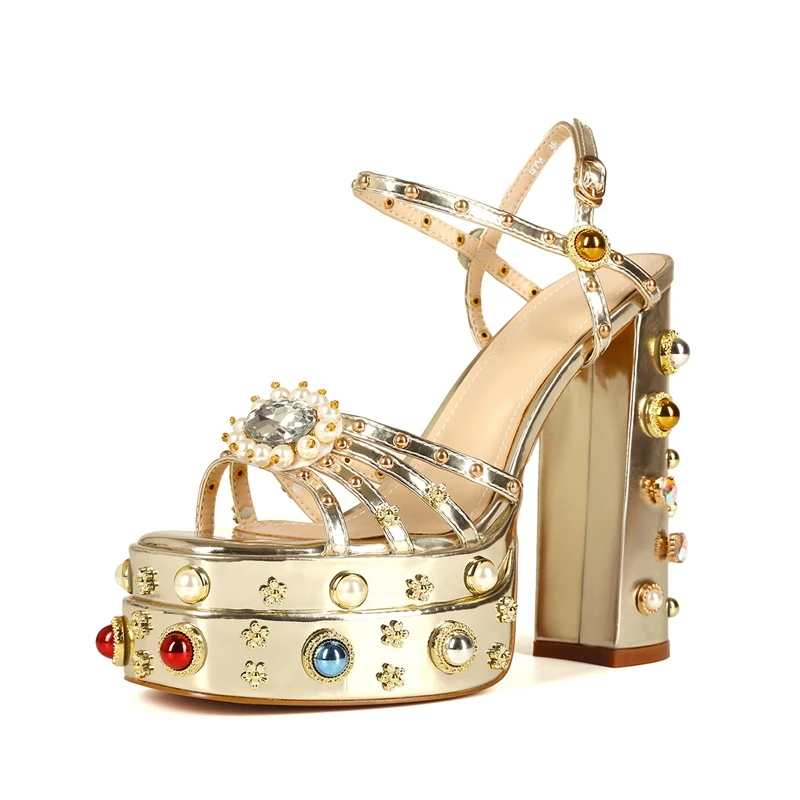 Women\'s New Summer Sandals Waterproof Platform Thick Bottom Water Diamond Pearl Rivet Flower Satin Open Toe High Heel Large