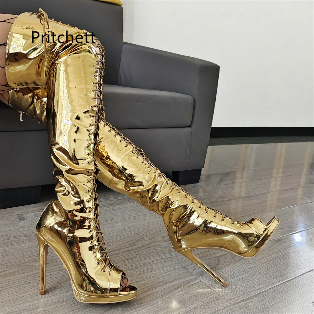

Women's Gold Over The Knee Boots Patent Leather Open Toe Thin High Heels Lace-Up Long Boots Luxury Sexy Spicy Girls Shoes