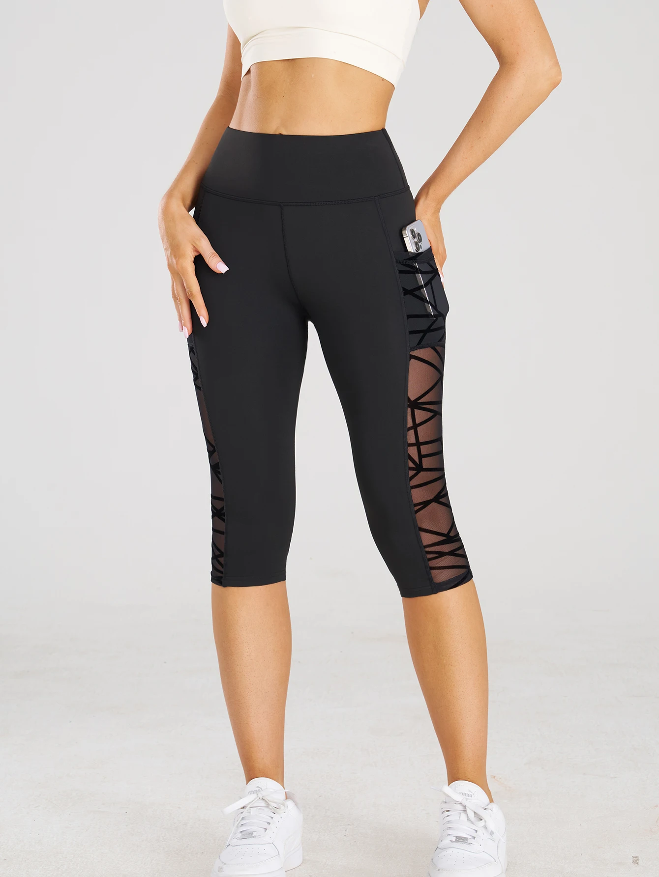 High Waist Yoga Crop Pants Leggings With Pockets Sports Fitness Casual Tight Yoga Pants Side Cross Mesh Stitch Capri Leggings image 3