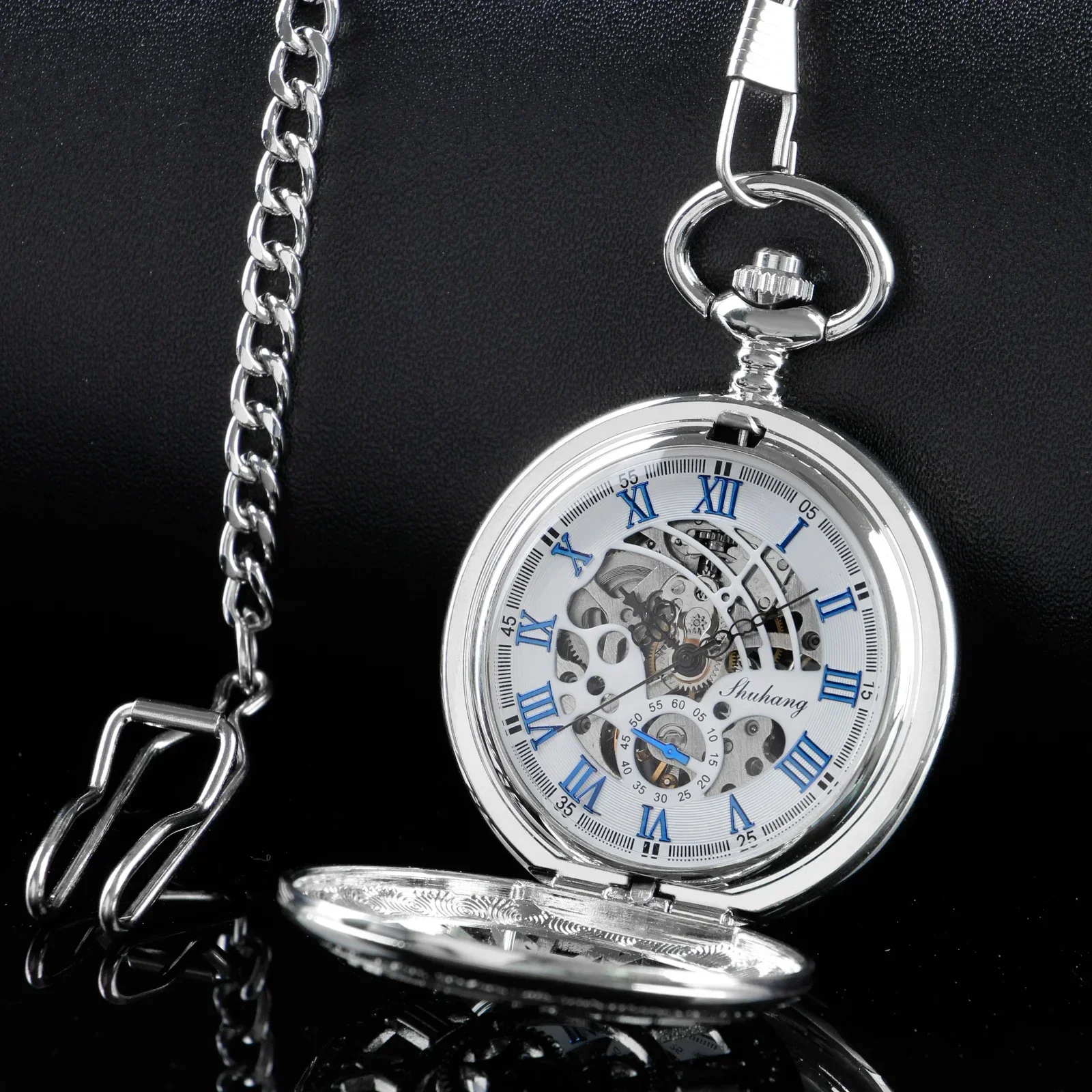 Luxury Silver Mechanical นาฬิกาพ็อกเก็ตสร้อยคอบุรุษสตรีโบราณ Vintage Steampunk Charm Hand Wind Fob Chain นาฬิกาของขวัญ