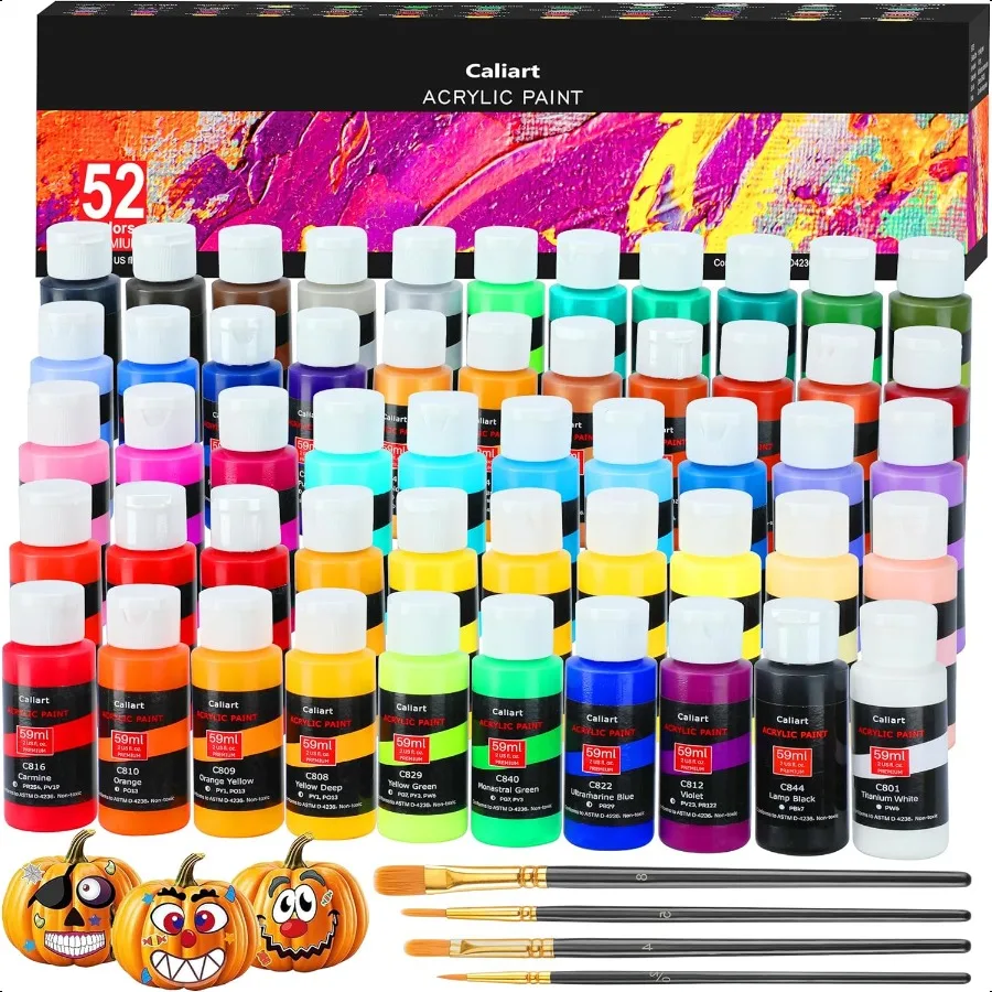 

Caliart Acrylic Paint Set With 4 Brushes 52 Colors 59ml 2oz Art Craft Paints for Artists Students Beginners Painters Canvas Hal
