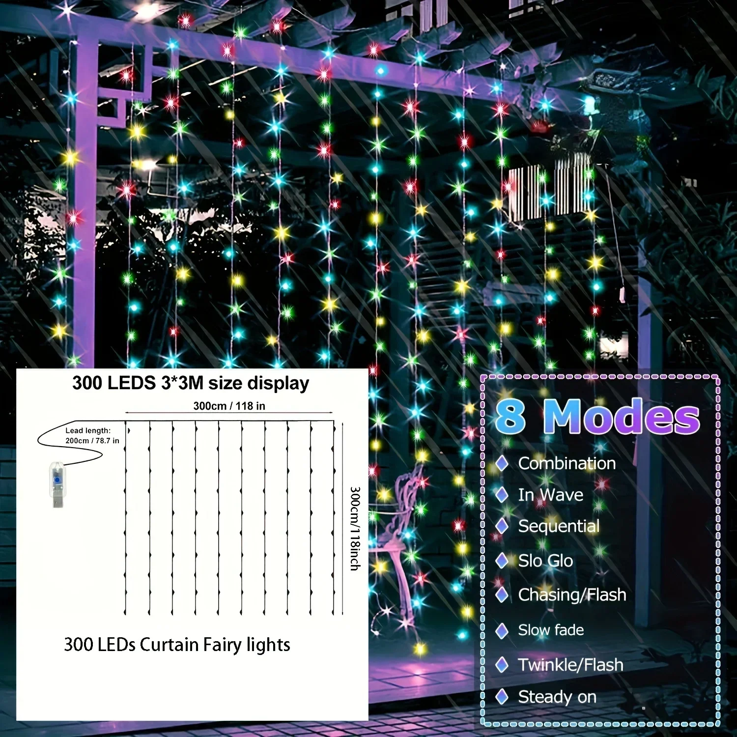 300 LED Christmas Curtain Lights Remote Timer Fairy Lights USB String Lights 8 Modes for Xmas Tree Home Party Window Decorations