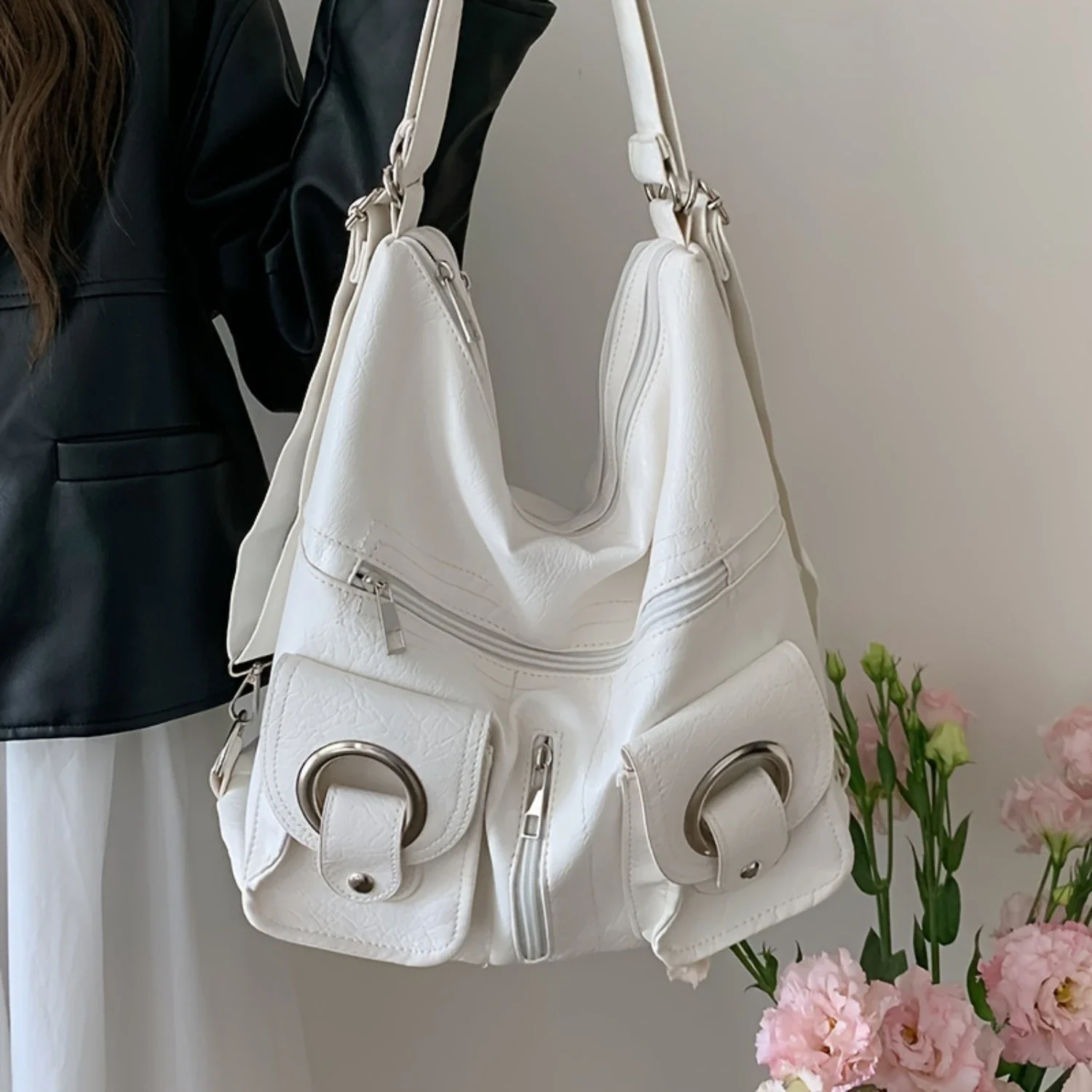 

Fashion Large Capacity Tote Bag, Trendy Motorcycle Shoulder Bag, Women's Stylish Handbag & Hobo Purse