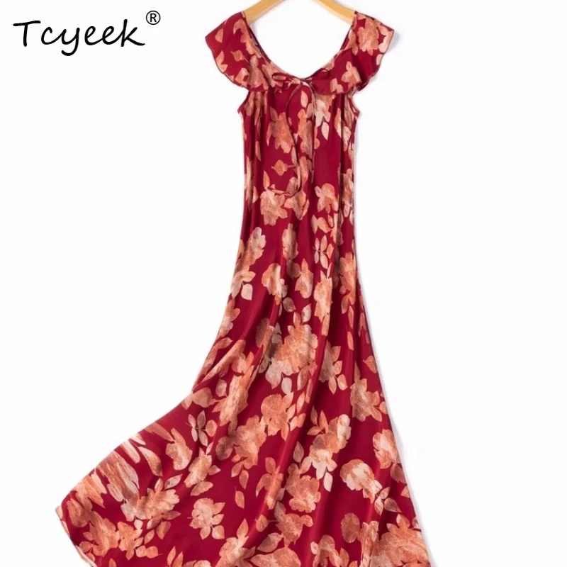 Tcyeek 100% Real Mulberry Silk Dress for Women 2026 Summer Vintage Slip Beach Dresses Printed Clothes for Lady Vestidos De Mujer