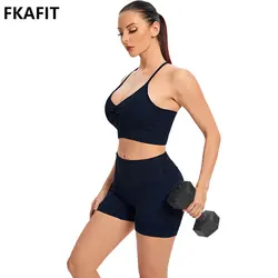 Set da Yoga senza cuciture a coste da donna 2 pezzi reggiseno sportivo con pantaloncini lavaggio acido completo da allenamento Fitness Activewear Suit per il Fitness