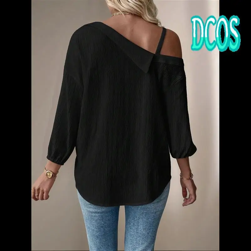 

DCOS-Women's Asymmetrical Cold Shoulder Collar Neck Long Sleeve Button Down Blouse Shirts Tops